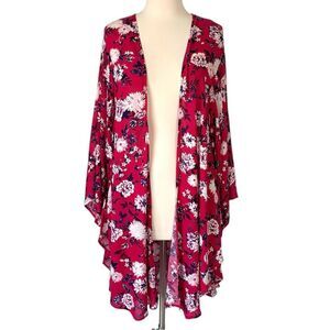 Torrid Red Pink Floral Print Crepe ShirttailKimono